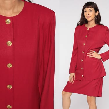 Red Button Up Dress 80s Knee Length Dress Gold Button Office Secretary Dress Long Sleeve 1980s Vintage Preppy Shift Medium 10 
