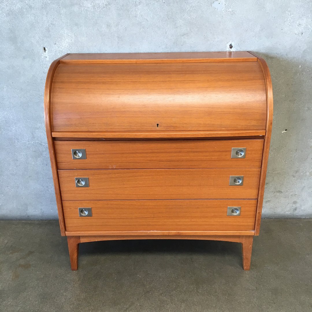 Danish Breox Teak Roll Top Desk with Key Urban Americana Long Beach, CA
