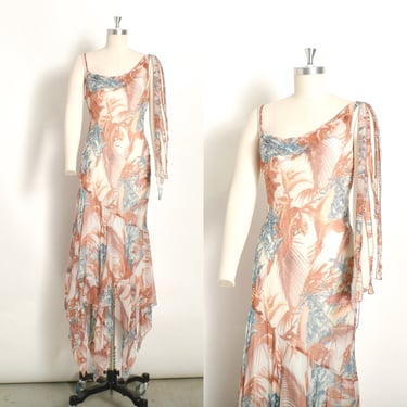 Vintage 2000s Dress / Y2K Diane Freis Botanical Silk Gown / Blue Orange ( S M ) 