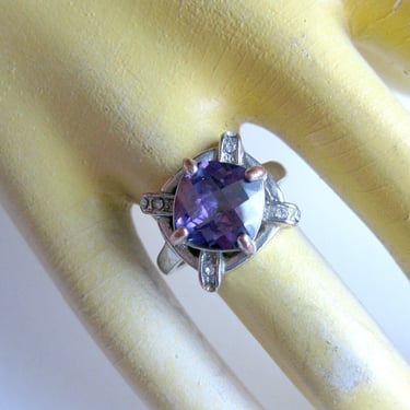 Vintage Cocktail Ring, 60s Lavender Purple Sparkling Dinner Ring, Silver Ring, Costume Jewelry, Gift for Her 