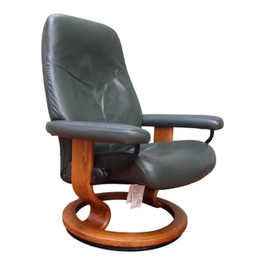 Vintage Mid Century Ekornes Stressless Teal Leather Adjustable Recliner Chair