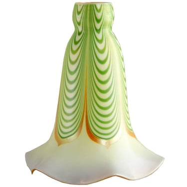 1920's Steuben Carder Art Nouveau Period Glass White, Green, Gold Dragged Loop Lily Lamp Shade 
