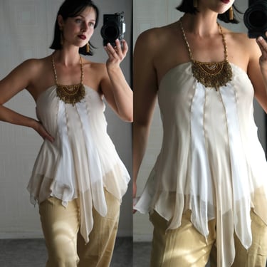 Vintage Cream & White Paneled Silk Bohemian Halter Top w/ Metallic Beaded Neckline | 1990s Y2K Silk And Modal Tie Neck Halter Top 