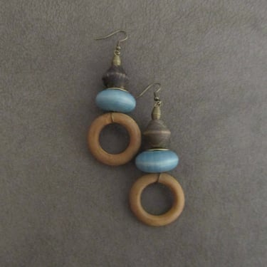 Chunky wooden earrings, Afrocentric African earrings, bold statement earrings, geometric earrings, rustic earrings, mid century, steel blue 
