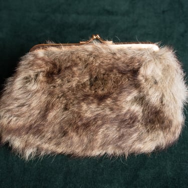 Vintage 1970s Rare Ingber Brown Faux Fur Clutch with Kiss Lock and Original Pocket Mirror 