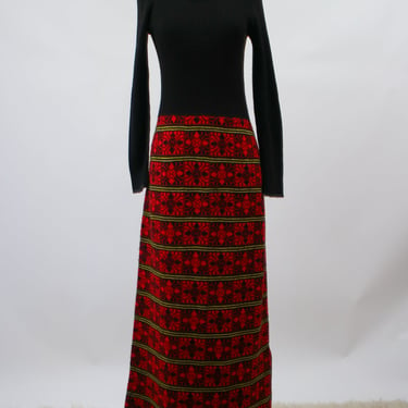 1970s Black and Red Orlon Knit Maxi Dress