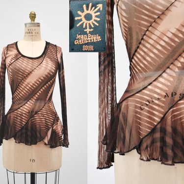 2000s Jean Paul Gaultier Soleil Mesh Shirt long sleeve Sheer op-art top Mesh Sheer Shirt Fashion top Jean Paul Gaultier Brown Tan Stripe 