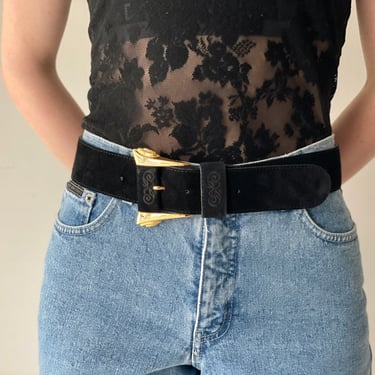 Vintage 90's Wide Black Suede and Gold Belt, Compagnie Internationale Express, Size Large, Made in Italy 