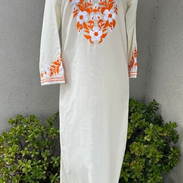 Vintage boho white orange kaftan dress floral embroidered Sz small 
