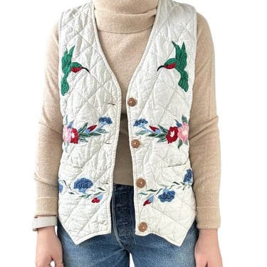 Vintage Womens Handmade Reversible Quilted Hummingbird Floral Hippie Vest Sz M 