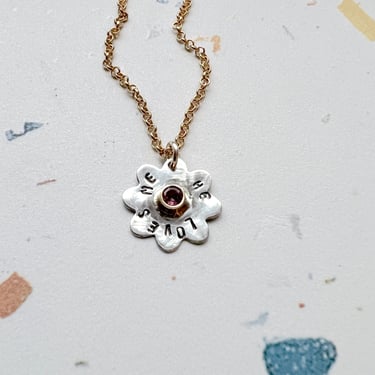He Loves Me Flower Pendant with Pink Tourmaline in Sterling Silver and 14k Gold 