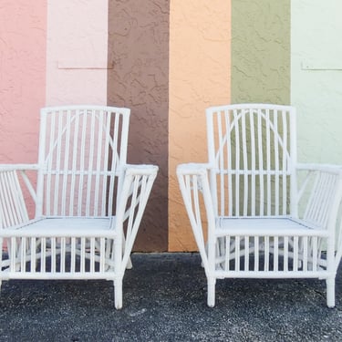 Pair of Stick Wicker Painted Lounge Chairs