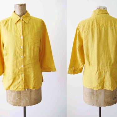 Vintage 90s Marigold Yellow Linen Blouse M - 1990s Solid Color Bright Yellow Mustard Collared Long Sleeve Top 