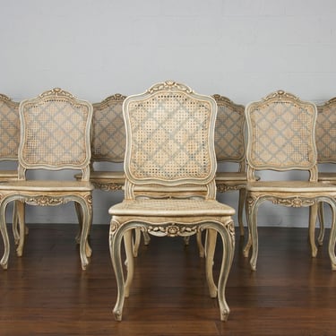 Antique French Louis XV Provincial Painted Cane Dining Chairs- Set of 8 