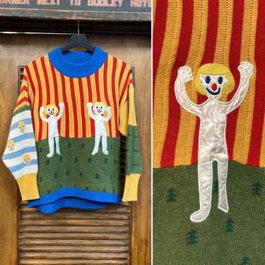 Vintage 1980’s New Wave Cartoon Appliqué Fun Couple Color Block Sweater, 80’s Clown, 80’s Pullover, Vintage Clothing 