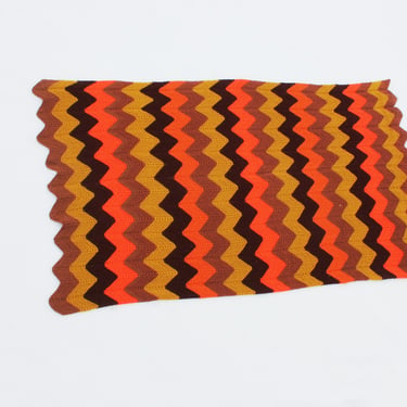 70's Vintage crocheted Afghan Throw Blanket / Zig Zag Chevron Stripes, shades of orange and brown 
