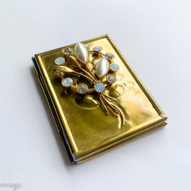 1950s Gold Mirror Compact | 50s Gold & Pearl Flower Mirror Compact 