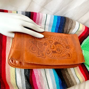 Hand Tooled Leather Clutch, Vintage Purse, Pin Up Rockabilly, 50s 60s 