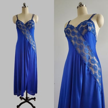 Vintage 1970s Royal Blue Nightgown by Val Mode - 70s Lingerie - 70s Women's Vintage Size Large 