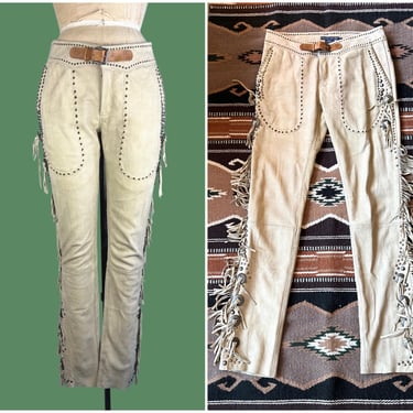 RALPH LAUREN Vintage Western Fringe and Studded Suede Leather Low Rise Pants | Y2K 2000's Blue Label Cowgirl Western, Southwestern | Size 8 