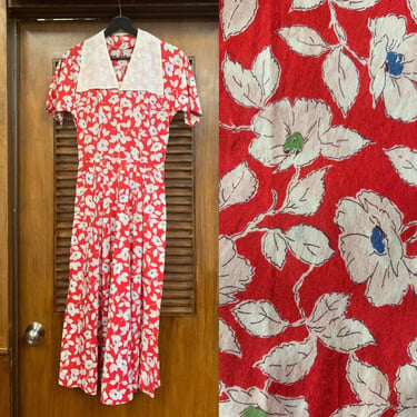 Vintage 1940's Red & White Floral Eyelet Cotton Collar Dress, Vintage Clothing, 1940’s Day Dress, Floral Cotton Dress, Vintage 1940’s 