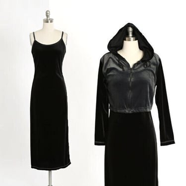 California Concepts velvet 2pc dress | Vintage 90s black + gray velvet cropped hoodie maxi dress 