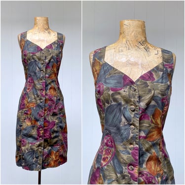 Vintage 1980s Sleeveless Cotton Dress, 80s Jewel Tone Cotton Floral Banana Republic Shift 