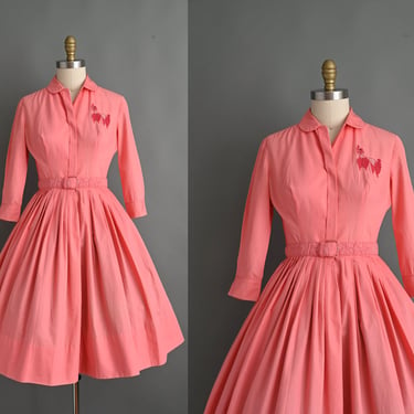 Vintage 1950s Dress | Pixie of California Pink Poodle Shirt Dress | Medium 