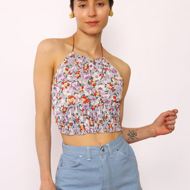 1970s Smocked Floral Halter Top XS-M