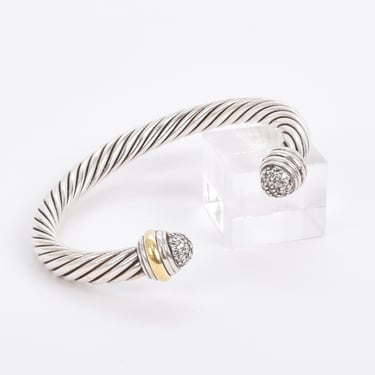 Vintage David Yurman Classic Cable Bracelet Sterling Silver with 18K Yellow Gold and Pavé Diamond Domes, Vintage Silver and Gold Cuff 