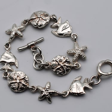 90's sterling angel fish star fish sand dollar bracelet, boho 925 silver ocean beach charm bracelet 