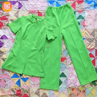 DEADSTOCK - Fab Vintage 60s 70s Apple Green Tunic Pants 2-Piece Set 