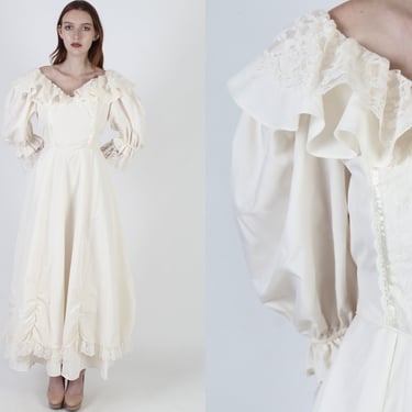 70s Ruffle Lace Country Dress / Plain Victorian Antique Wedding / Womens Western Saloon Maxi Dress 