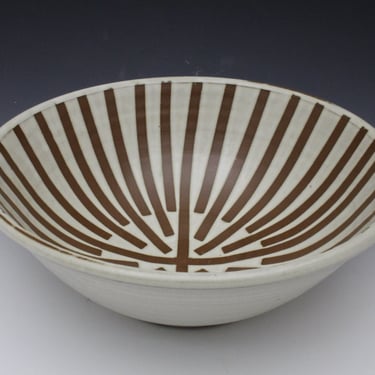 Serving Bowl - White on Brown Striped Patterned 