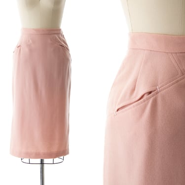 Vintage 1940s 1950s Skirt | 40s 50s Light Pink Wool High Waisted Pockets Wear to Work Secretary Pencil Skirt (small) 