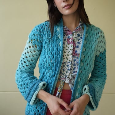 1960s Crochet Cardigan Sweater / Open Knit Sheer See Through Shirt / Blue Ombre Granny Square Sweater 