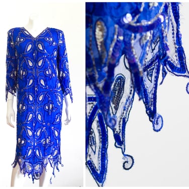 Sequined blue crepe silk evening caftan dress 