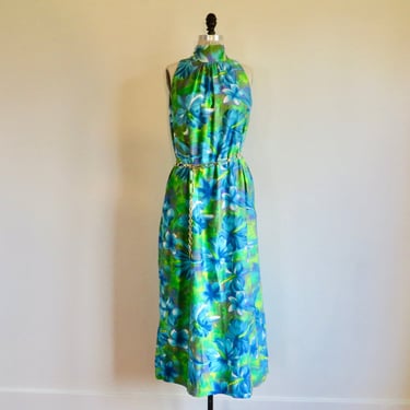 1960's Blue and Green Hawaiian Tropical Floral Poinsettia Cotton Long Dress Mock Neck Sleeveless  Retro Resort Luau Fashions of Hawaii Large 