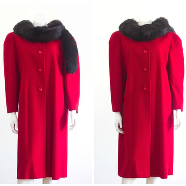 Vintage 1980s Red Wool Coat with Fox Fur Collar 