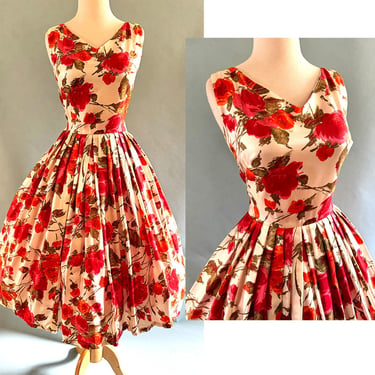 Lovely Rose Print Silk Twill Vintage Early 1960s Summer dress by "Jannell" of California  --Size  Small 