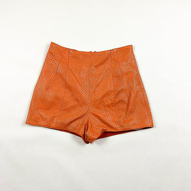 1990s Orange Leather Hot Shorts / Perforated Leather / Fly Girl / High Waist / Colored Leather / Cut Outs / 29 Waist / Medium / 