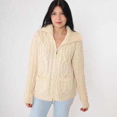 Vintage Irish Wool Sweater Inis Crafts Cream Cable Knit Cardigan Y2K Zip up Sweater Fisherman Cableknit Fall Pocket 00s Medium M 