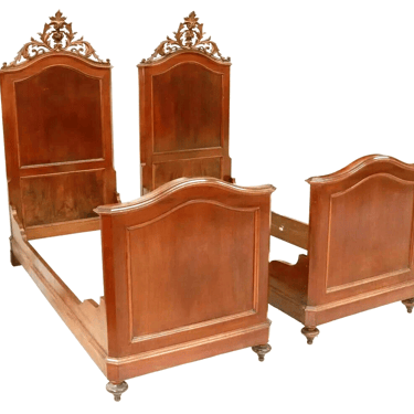Antique Beds, Italian, Pair, Italian Paneled Walnut Beds, Carved Crest, 1800's!