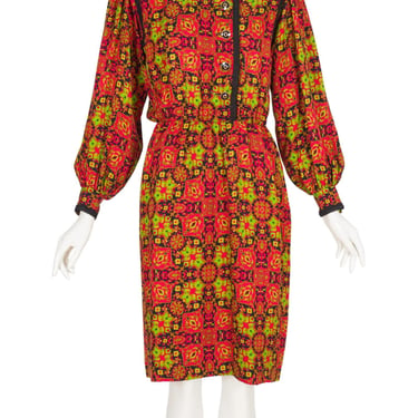 Yves Saint Laurent 1990s Vintage Mandala Print Silk Jacquard Balloon Sleeve Dress Sz XS 