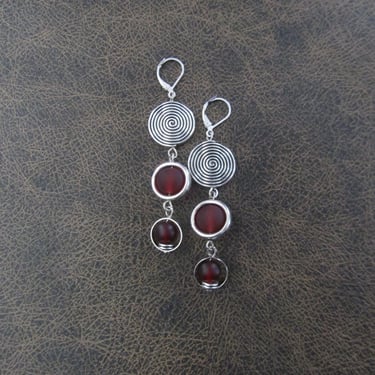Long sea glass earrings, bohemian beach earrings, bold earrings, boho earrings, red dangle earrings, geometric vortex earrings, artisan 