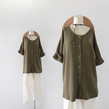 waffle weave button tee - m - vintage 90s y2k olive green womens loose oversized medium express tricot short sleeve shirt top 