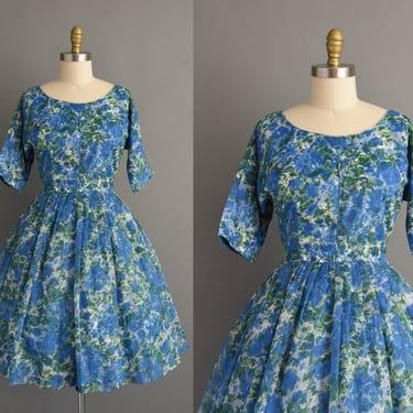 vintage 1950s dress | Gorgeous Blue Floral Print Full Skirt Chiffon Dress | Small Medium | 50s dress 