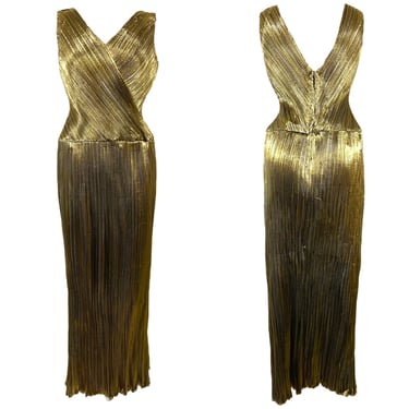 Vtg Vintage 1980s 80s Fortuny Pleat Bronze Gold Lamé Glam Formal Gown 