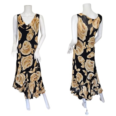 Lola P 1990s Black Yellow Floral Print Bias Cut Rayon Slip Dress I Sz Lrg 