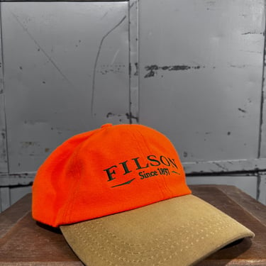 Vintage 80's Filson Blaze Orange Duck Hunting Leather Strapback Dad Hat Cap Tshirt Sweatshirt Hunter Deer Turkey Hunt size L/XL 